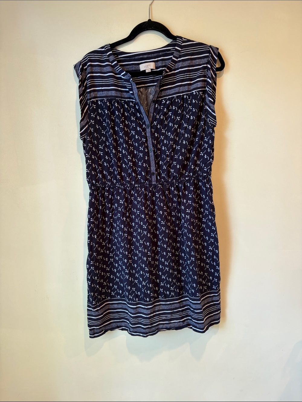 LOFT Navy Printed Cap-Sleeve Tunic Dress